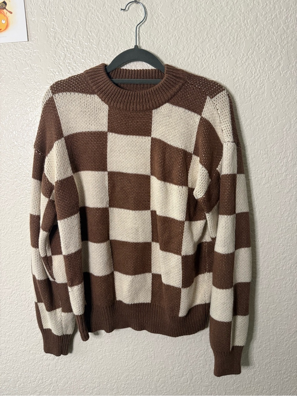 Amazon Checkerboard Crewneck Sweater in Brown and Cream